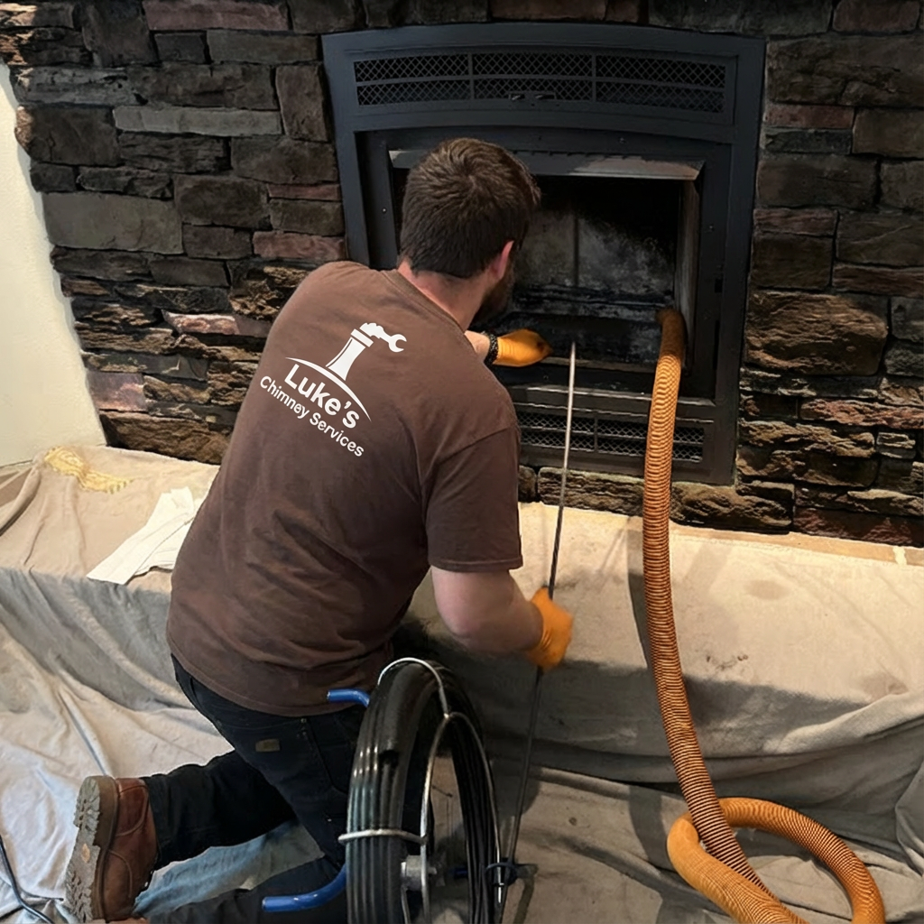 Luke's Chimney Services technician performing professional chimney sweep at customer home